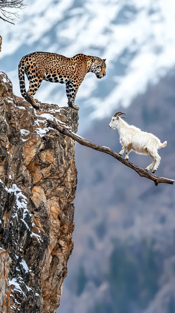 A majestic jaguar perches atop a snow-dusted cliff, intently watching a white goat bravely traversing a precarious log bridge spanning a chasm.  The dramatic mountain backdrop is blurred, emphasizing the tension between predator and prey in this breathtaking wildlife scene. The image captures a moment of intense focus and potential danger.