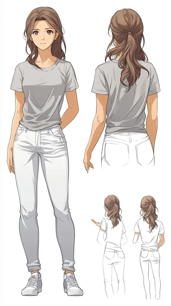 An illustration showcases a young woman from the front and back, wearing a light gray t-shirt and white jeans.  Her brown hair is styled in a low ponytail.  Additional sketches depict her from behind in different poses, providing varied views of her clothing and hairstyle.  The style is clean and anime-influenced, with a focus on fashion and character design.