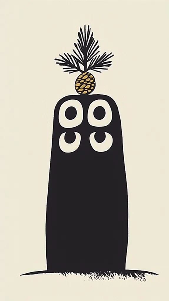 A minimalist illustration features a tall, dark, rectangular figure topped with a pine cone and sprig.  The figure has four stylized eyes, two larger and two smaller, arranged in pairs. The overall style is graphic and simple, with a muted color palette of black, gold, and off-white. The image evokes a sense of quiet mystery and natural symbolism.
