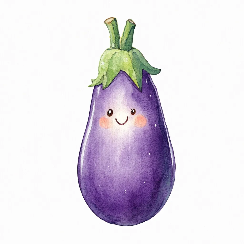 A watercolor painting of a happy eggplant.  The eggplant is depicted as a dark purple, oblong shape with a bright green leafy top.  A simple, smiling face is painted on the eggplant, giving it a cheerful and whimsical appearance. The style is cute and cartoonish, suitable for children's illustrations or designs.
