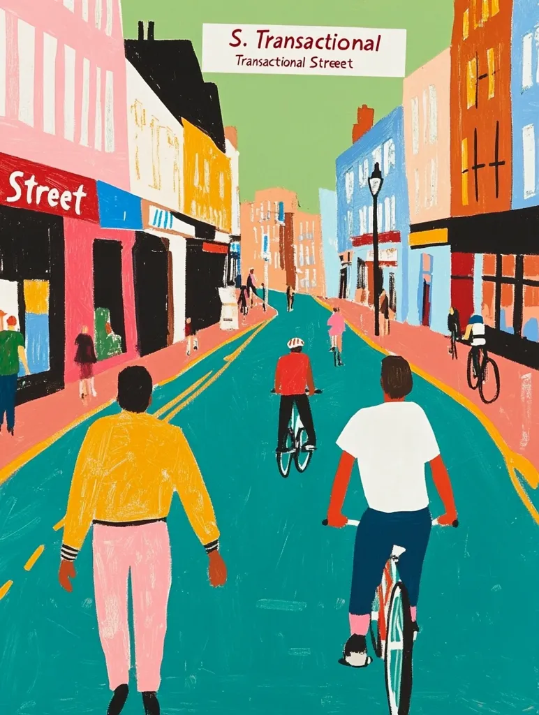 A vibrant illustration titled "S. Transactional, Transactional Street" depicts a stylized street scene.  Buildings in bold colors line the turquoise street, where pedestrians and cyclists move.  The style is graphic and slightly naive, with figures rendered simply yet expressively. The overall mood is cheerful and slightly whimsical.  The title suggests a playful commentary on commerce and urban life.