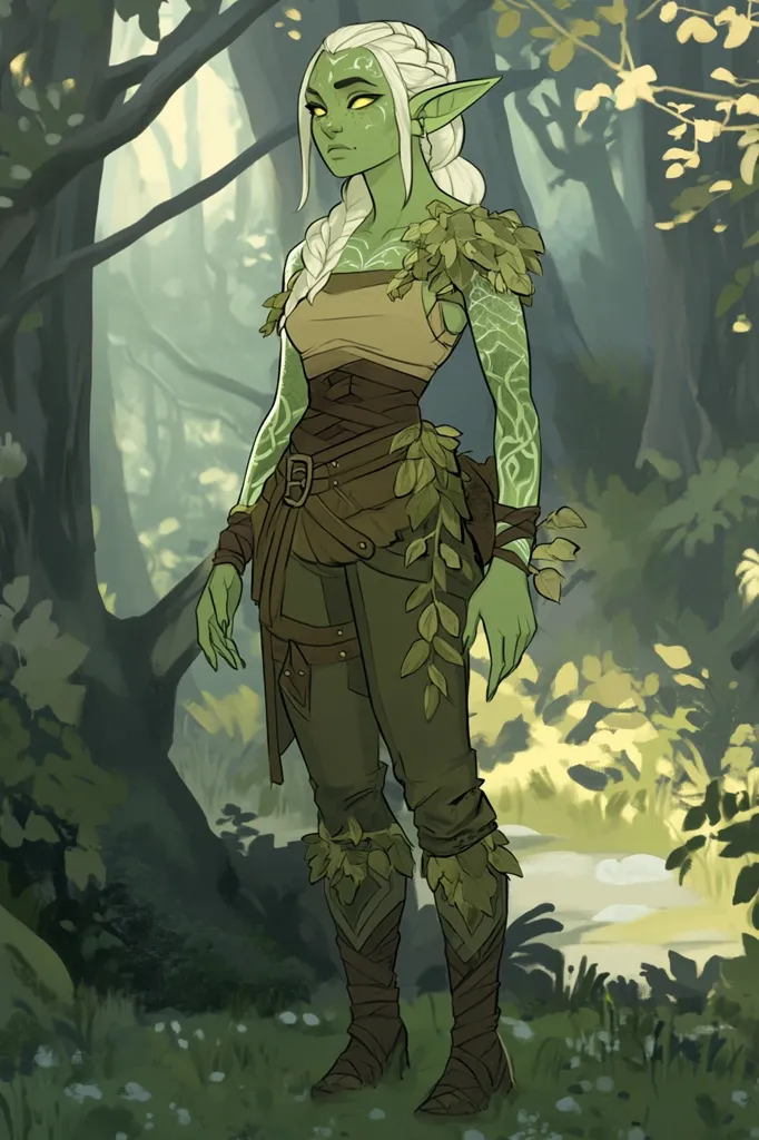 A green-skinned elf woman stands in a forest.  She has long white braids and wears earthy-toned clothing adorned with leaves and vines.  Her attire includes a leather corset, pants, and boots, all intricately detailed.  Her expression is serious, and she appears strong and connected to nature.  The forest background is lush and detailed, emphasizing her natural surroundings.