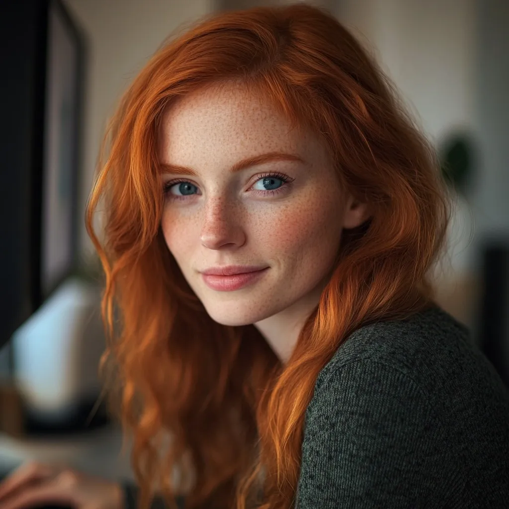 Close-up portrait of a young woman with vibrant, long ginger hair and freckles.  She has light blue eyes and a soft, gentle smile. Her hair is styled in loose waves, cascading around her shoulders. She's wearing a dark gray, textured sweater. The background is blurred, suggesting an indoor setting. The overall mood is warm and intimate.