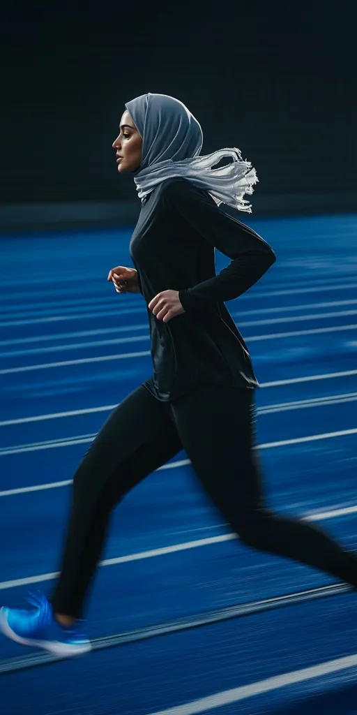 A woman wearing a hijab and athletic attire runs on a blue track.  Her hijab flows behind her, blurred by motion.  She is focused, her stride strong and purposeful. The image conveys a sense of speed and determination, showcasing athleticism and religious observance simultaneously.  The dark background contrasts with the bright blue of the track.
