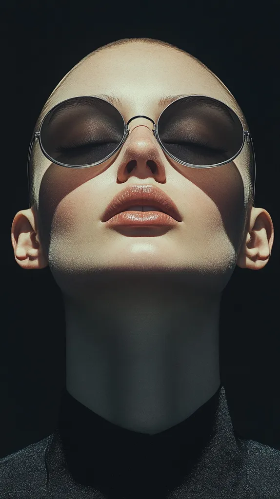 A close-up shot of a bald woman wearing dark, round sunglasses.  Her eyes are closed, and her face is tilted slightly upward, bathed in sunlight.  She is wearing a dark turtleneck. The image is stark, with strong contrasts between light and shadow, creating a dramatic and minimalist aesthetic.