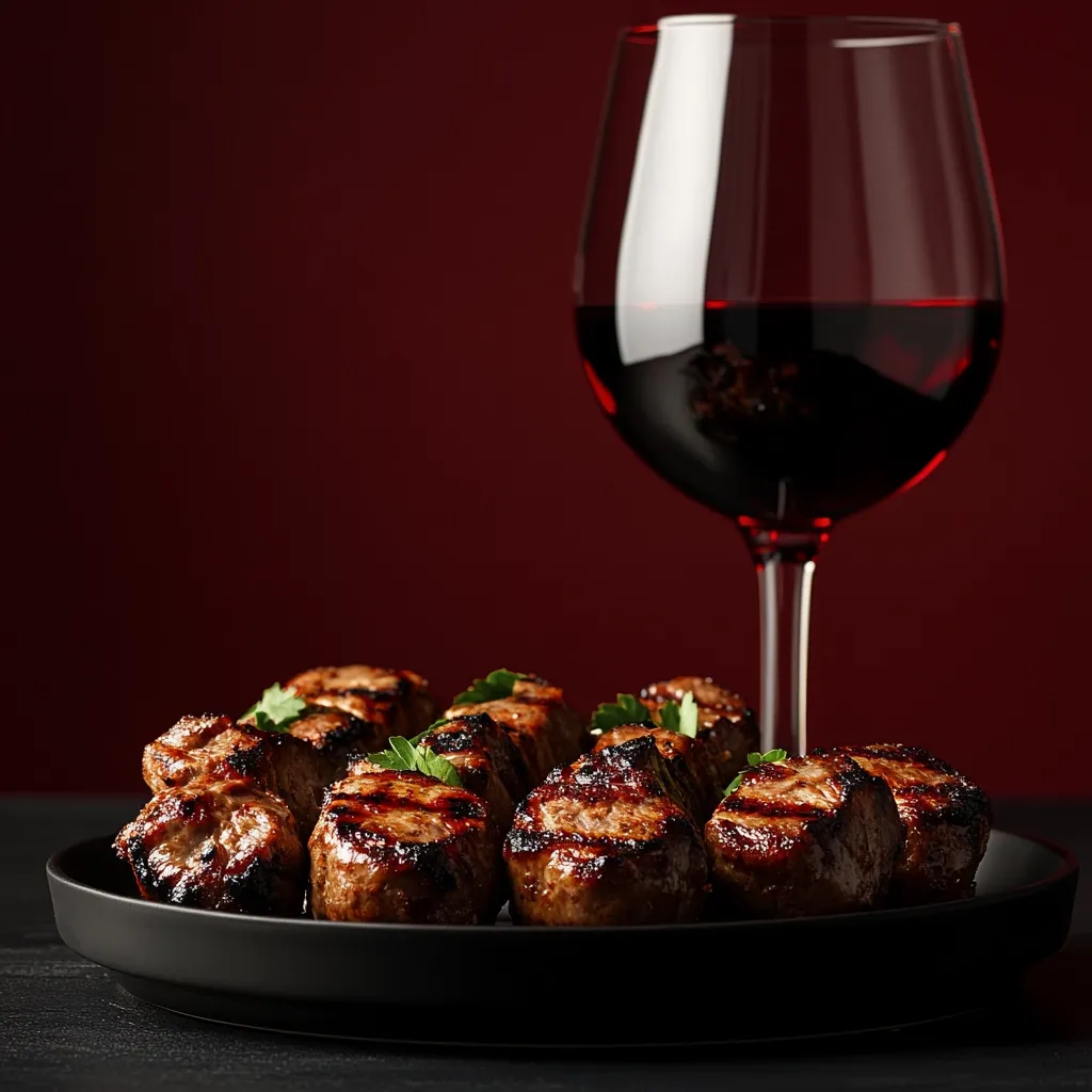 A black plate holds a serving of grilled meat skewers, garnished with fresh parsley.  The skewers are perfectly charred and juicy, suggesting a rich flavor.  Behind the plate, a glass of deep red wine stands, its color complementing the dark background and the rich tones of the grilled meat. The overall image evokes a sophisticated and delicious culinary experience.