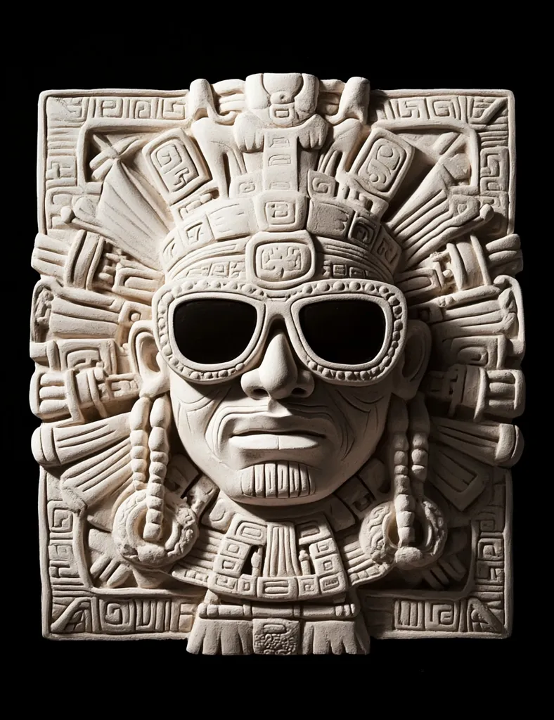 A detailed, off-white stone relief carving in the style of Mayan art depicts a face wearing large sunglasses.  Intricate headdresses and ornate geometric patterns surround the central figure, adding to the rich cultural aesthetic. The mask-like visage is serious and contemplative, offering a unique juxtaposition of ancient and modern elements.  The relief is meticulously sculpted, showcasing impressive craftsmanship.