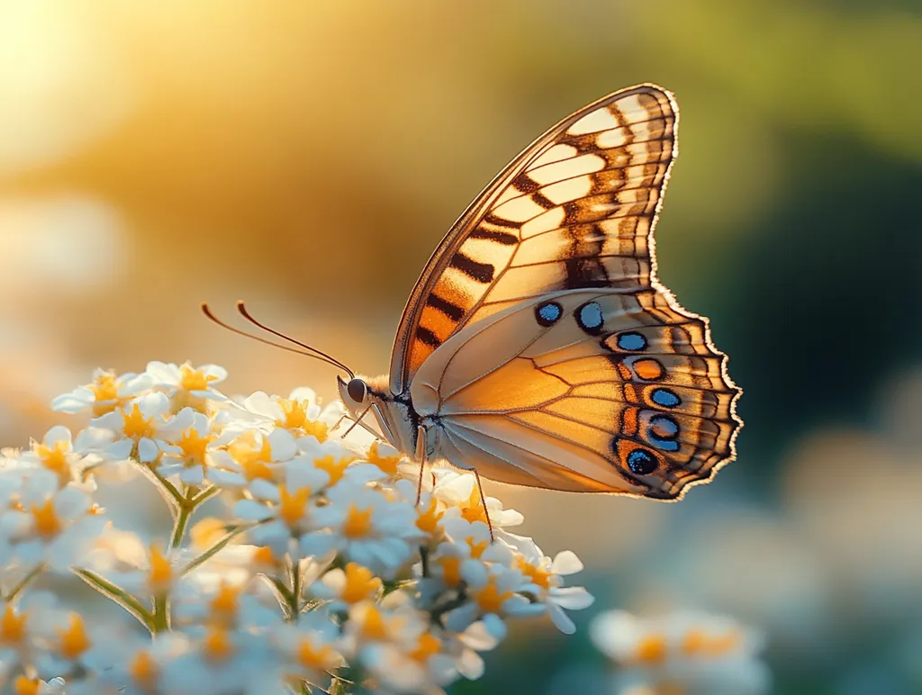 A beautiful butterfly with intricate, orange and brown patterned wings rests on a cluster of delicate white flowers.  The setting sun casts a warm golden glow, highlighting the butterfly's translucent wings and the flowers' yellow centers. The scene evokes a sense of peace and tranquility in a natural setting.  The butterfly's antennae extend delicately, adding to the image's serene beauty.