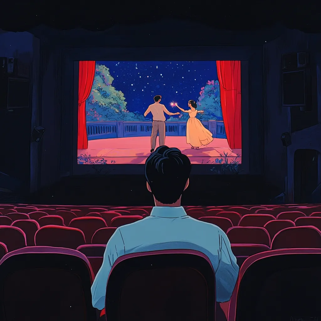 The image depicts a man sitting alone in a nearly empty movie theater. The screen shows a romantic scene: a couple dances under a starlit sky on a stage with red curtains. The man's back is to the viewer; his posture suggests quiet contemplation. The overall aesthetic is nostalgic and melancholic, evoking a sense of solitude and longing. The color palette is muted and subdued, enhancing the pensive mood.