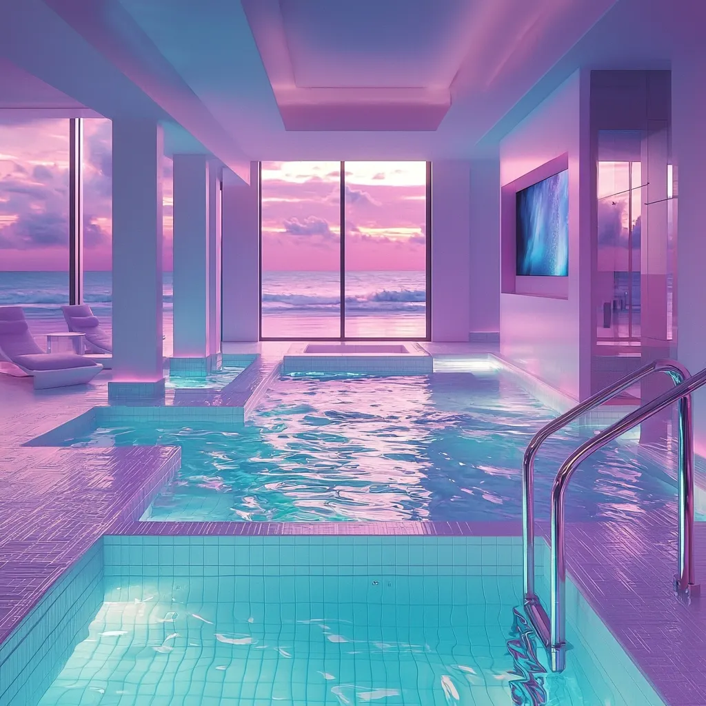 A luxurious indoor pool and spa area bathed in soft purple and teal lighting.  Large windows offer a stunning ocean sunset view. The pool features multiple levels and integrated hot tubs.  Modern, minimalist design with sleek lines and chrome accents creates a serene and opulent atmosphere.  A large flat-screen TV is visible on one wall.  Lounge chairs are positioned near the pool for relaxation.