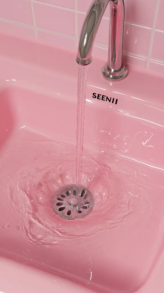 A chrome faucet streams water into a pale pink sink.  The water creates ripples as it flows towards the drain. The sink is set against a matching pink tiled wall.  A small, barely visible logo is present on the sink. The overall aesthetic is clean and minimalist with a pastel color palette.