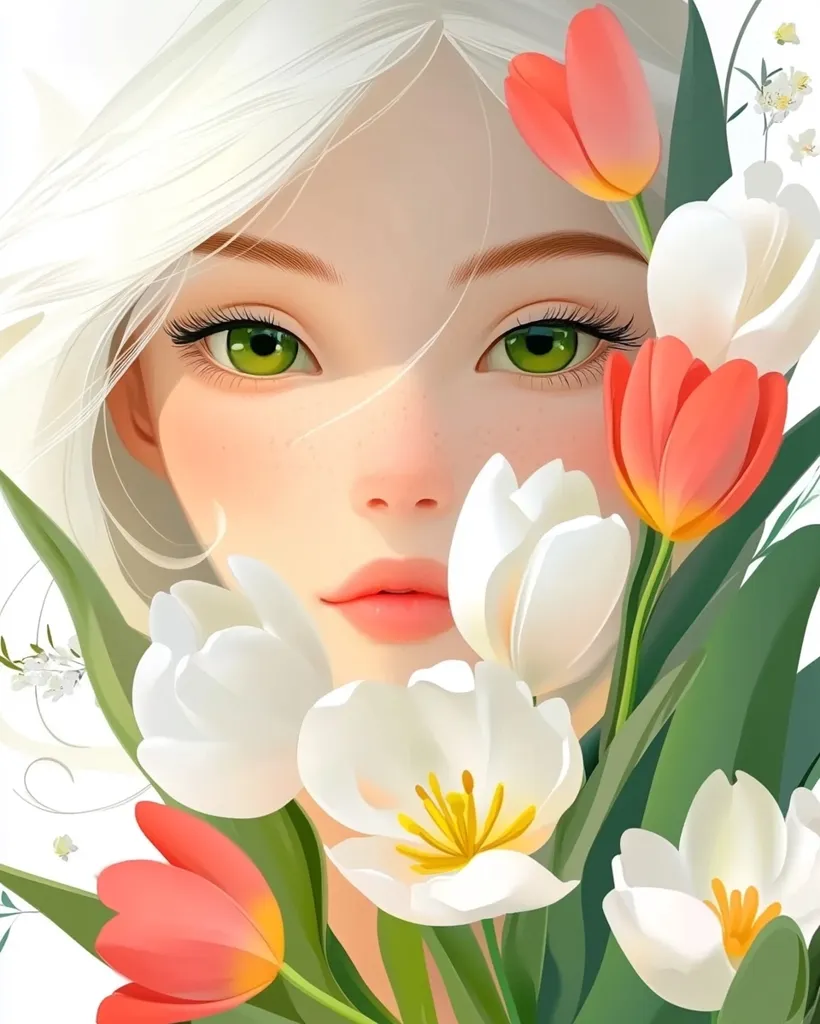 A stylized illustration features a young woman with long, white hair partially obscured by a vibrant bouquet of tulips.  The tulips are predominantly white and coral, their petals rendered with soft, realistic detail. The woman's eyes are a striking green, and her expression is serene and gentle.  The overall style is soft, dreamy, and romantic.