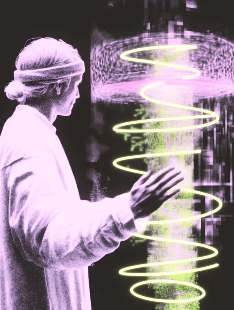 A stylized image depicts a person, possibly a young man, with a headband, facing a swirling, luminous energy column.  The person's hands are outstretched towards the energy, suggesting interaction. The overall aesthetic is futuristic and ethereal, with a grainy, almost glitch-like texture.  The color palette is muted, primarily lavender and pale yellow-green.
