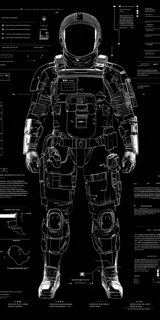 A detailed, white-on-black technical drawing of a futuristic spacesuit is presented.  The suit is heavily armored with various compartments and attachments visible.  Surrounding the suit are technical specifications, schematics, and data streams, suggesting a technological blueprint or profile. The overall aesthetic is sleek, advanced, and emphasizes the suit's technological complexity.