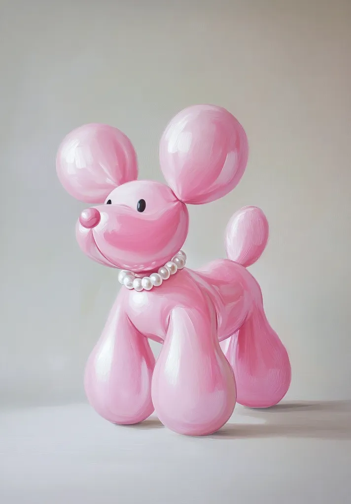 A painting of a pink balloon animal shaped like a poodle.  The poodle is depicted in a playful, almost cartoonish style, with exaggerated features and a glossy finish.  It wears a pearl necklace, adding a touch of elegance to the whimsical subject. The background is a muted, neutral tone, drawing focus to the bright pink poodle. The overall style is smooth and realistic, emphasizing the reflective quality of the balloon material.