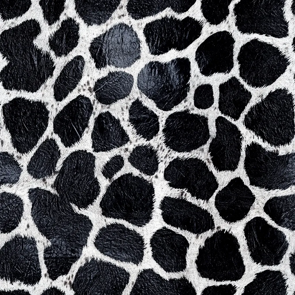 Close-up view of a textured surface resembling animal hide.  The pattern is composed of irregular, rounded black shapes separated by off-white areas, creating a dappled effect reminiscent of a giraffe or cow print. The black sections appear slightly glossy or leathery, contrasting with the fuzzy texture suggested in the lighter spaces. The overall impression is one of a bold, animal-print design.