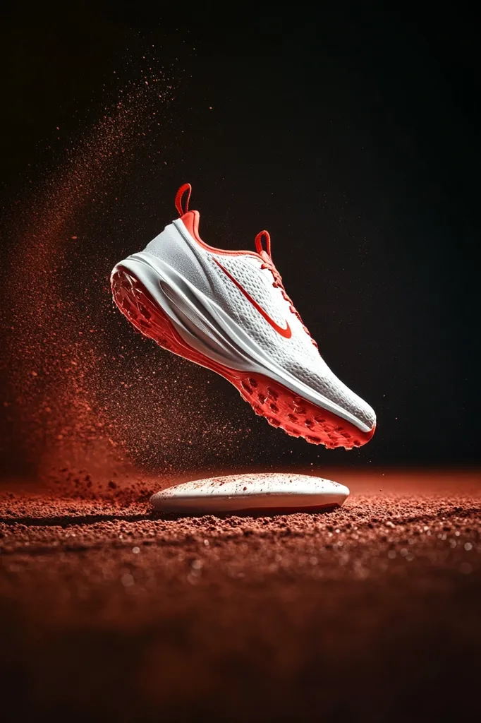 A white and orange Nike golf shoe is captured mid-air above a red clay surface, seemingly just after impact.  Red dust is dispersed around it, suggesting dynamic motion. The shoe's design is modern and sleek, with visible Nike branding. The overall image is dramatic and high-energy, highlighting the shoe's athletic qualities.