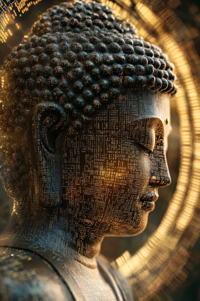 A digital rendering depicts a bronze Buddha statue's profile.  The statue's surface is intricately detailed, appearing to be composed of countless tiny, glowing characters.  It's bathed in warm, golden light emanating from a blurred circular background, creating a serene yet futuristic atmosphere. The image blends traditional Buddhist iconography with a technologically advanced aesthetic.