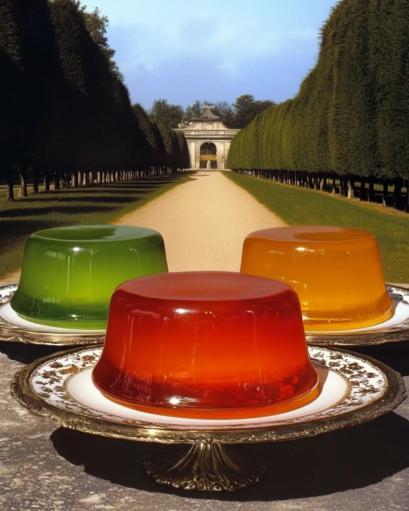 Three vibrant jelly molds, green, orange, and red, sit on ornate gold serving platters.  They are positioned on a stone surface before a formal garden path lined with perfectly manicured trees, leading to an elegant stone archway under a bright, clear sky.  The scene contrasts the artificial vibrancy of the jellies with the natural beauty of the formal garden.