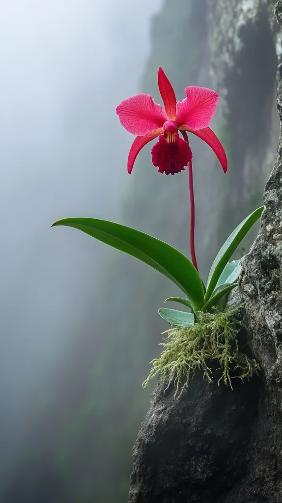 A vibrant crimson orchid blossoms dramatically from a moss-covered rock face, shrouded in mist.  The orchid's single flower stands out against a blurred, atmospheric background, emphasizing its delicate beauty and resilience.  The scene evokes a sense of mystery and the tenacity of life in a wild, possibly mountainous, environment.  The green leaves contrast sharply with the flower's deep red, creating a stunning visual display.