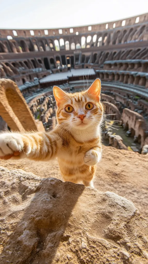 A ginger cat playfully extends its paw towards the camera, its bright eyes fixed on the viewer.  The backdrop is the majestic Colosseum in Rome, its ancient stones a stark contrast to the vibrant feline. The cat appears to be perched on a low wall overlooking the arena, creating a captivating juxtaposition of modern pet and historical landmark. The sunny lighting enhances the scene's beauty and warmth.