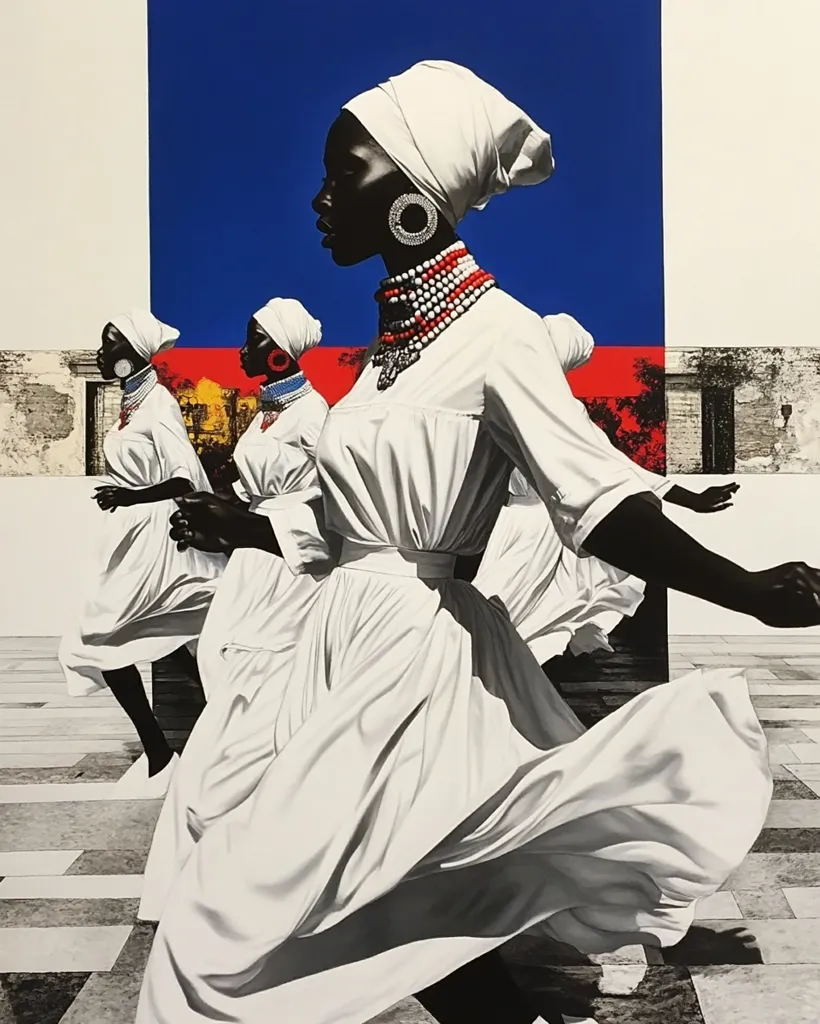 A stylized painting depicts a group of Black women in flowing white dresses, their heads covered in white headwraps.  They appear to be in motion, their garments billowing.  The women wear large earrings and beaded necklaces, adding vibrant pops of color against the predominantly white and black palette. The background features a bold geometric arrangement of blue, red, and gray sections, incorporating architectural elements.  The overall style is bold and graphic, suggesting a dynamic and powerful scene.