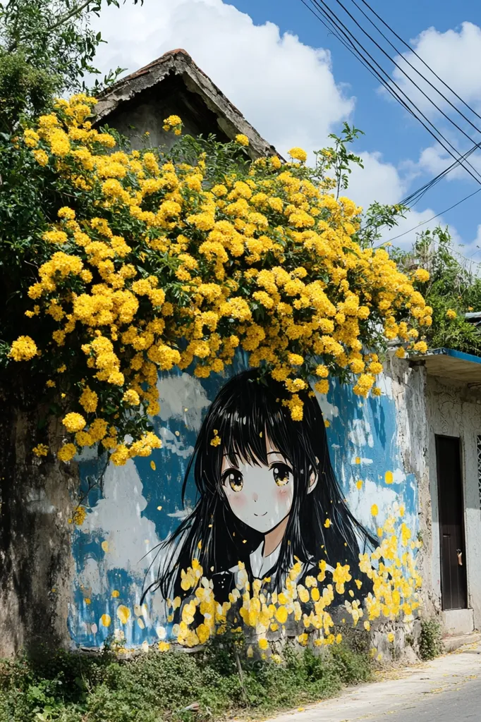 A vibrant mural of an anime girl is adorned with a profusion of bright yellow flowers cascading from above. The artwork is painted on a weathered building wall, creating a striking contrast between the old structure and the modern art.  The scene is bathed in sunlight under a partly cloudy sky, adding to the overall cheerful and whimsical ambiance.