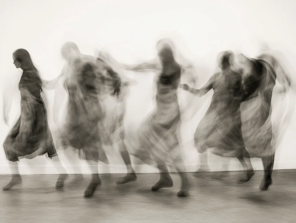 A monochrome photograph captures a blurred image of five women in flowing dresses, seemingly engaged in a dynamic dance or ritual. Their forms are ghostly and indistinct due to motion blur, creating a sense of ethereal movement and energy.  The setting is minimalist, a simple white wall providing a stark contrast to the dancers' fluid gestures. The overall impression is one of grace, mystery, and the fleeting nature of time.