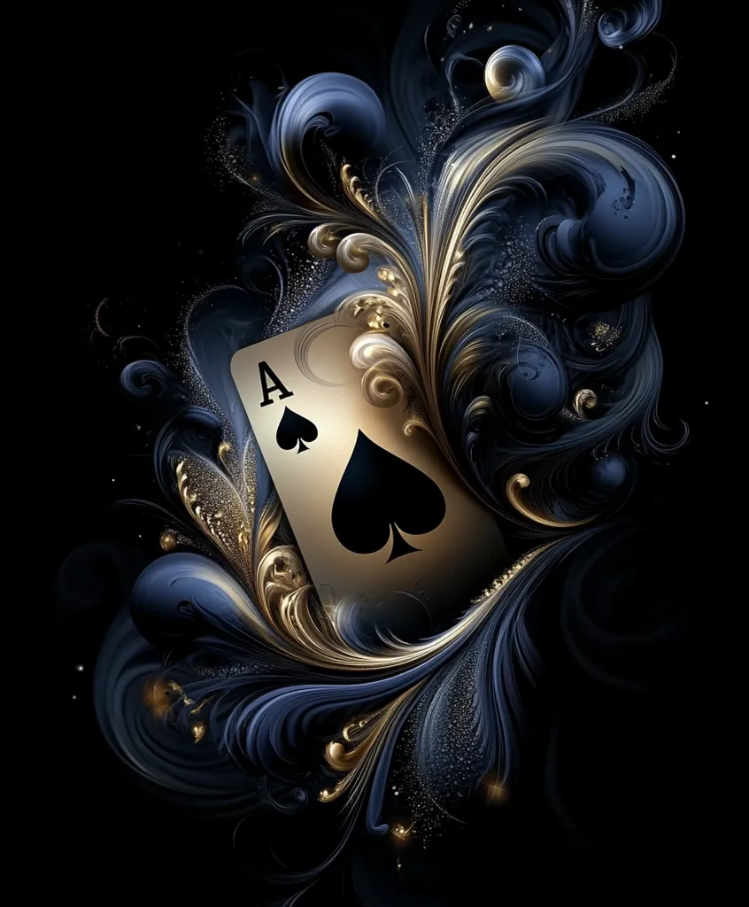 An ace of spades playing card is elegantly nestled within a swirling vortex of dark blue and gold filigree.  The intricate, almost baroque, design creates a luxurious and mysterious ambiance against a black background.  Sparkling gold accents add to the opulent feel, suggesting wealth and perhaps a touch of danger. The overall effect is one of high-end artistry and subtle intrigue.