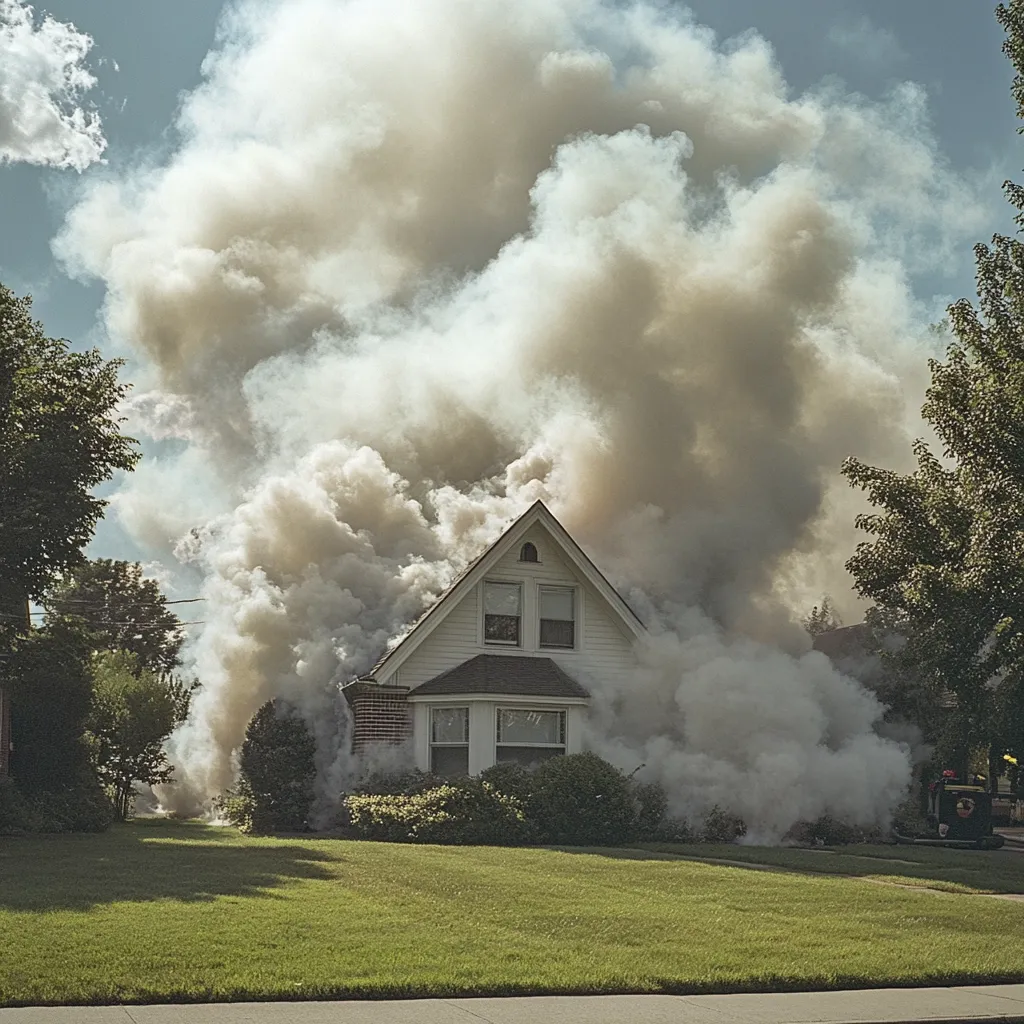 A white suburban house is engulfed in a large plume of thick, gray smoke, obscuring much of its structure.  The smoke billows upwards against a partly sunny sky. Lush green lawns surround the house, and trees are visible in the background. The scene suggests a significant fire is underway.  A portion of a vehicle is partially visible in the lower right corner.