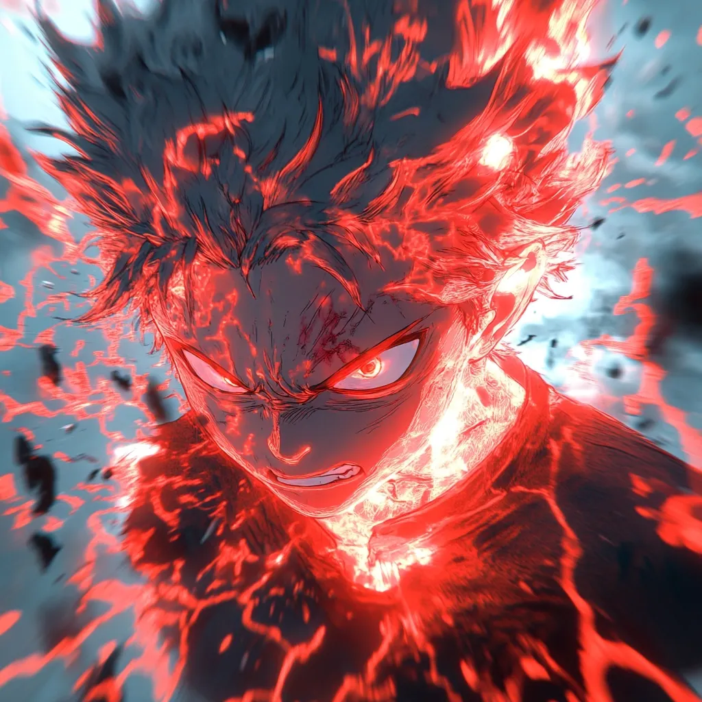 A stylized anime-style illustration depicts a young man, his face contorted in a fierce expression, engulfed in fiery, red energy.  His spiky hair flares outwards, mirroring the intense energy surrounding him.  The red hues suggest power and rage, emphasizing a moment of intense action or transformation.  The art style is dynamic and dramatic, highlighting the character's emotional state and potential power.
