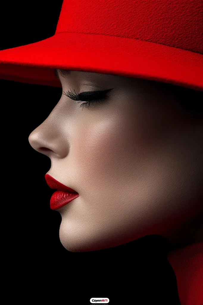 A close-up profile view of a woman's face, elegantly adorned with a vibrant red hat and matching lipstick. Her eyes are softly closed, enhancing the dramatic lighting and emphasizing the smooth contours of her face. The contrast between the deep red and the dark background creates a striking and sophisticated image.  The overall mood is one of classic beauty and mystery.