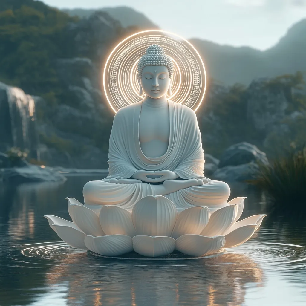 A serene white Buddha statue sits in a lotus position atop a large lotus flower, floating on calm water.  A glowing halo encircles its head.  The backdrop is a tranquil landscape of mountains, lush greenery, and a waterfall, creating a peaceful and meditative atmosphere. The image evokes a sense of calmness and spiritual enlightenment.