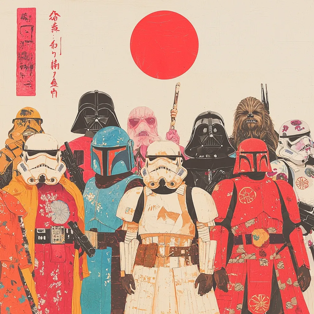 A vibrant artwork depicts a group of Star Wars characters, including Darth Vader, stormtroopers, Boba Fett, Chewbacca, and others, reimagined in a Japanese ukiyo-e style.  They are adorned in kimono-like garments and traditional Japanese patterns, set against a backdrop featuring a large red sun, reminiscent of a Japanese flag. The piece blends iconic sci-fi imagery with classic Japanese art.