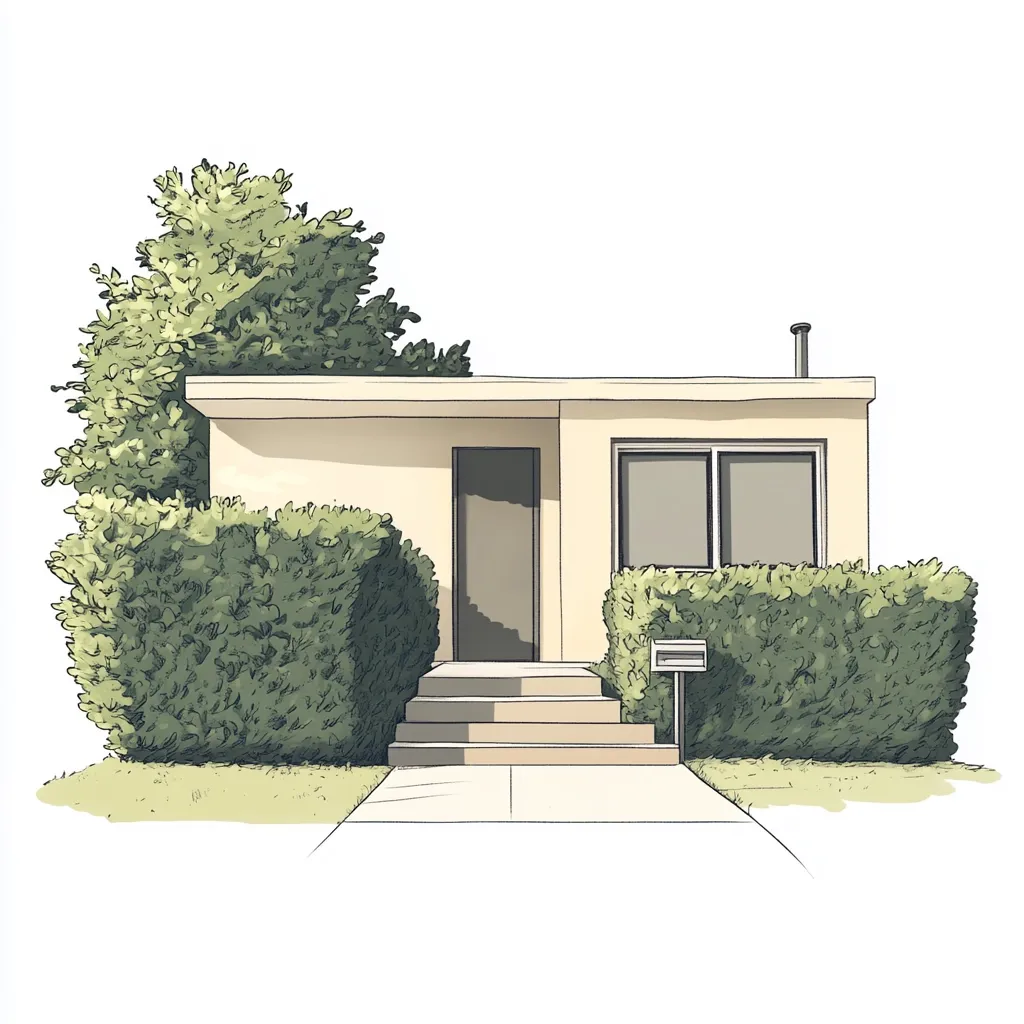 A charming, single-story house is depicted in a stylized illustration.  The cream-colored structure features a simple design with a centered door and windows.  Neatly trimmed hedges flank the small front yard, which includes a short set of steps leading to the entrance. A mailbox is visible near the pathway. A lush green tree partially overhangs the roof. The overall style is clean and minimalist.