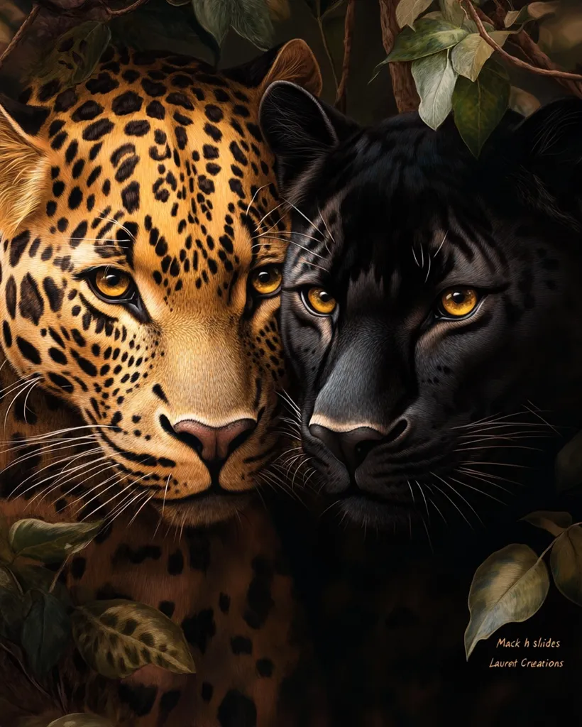 A close-up depicts a jaguar and a black panther nestled together amidst lush foliage.  The jaguar's coat is a vibrant blend of orange and black rosettes, contrasting beautifully with the panther's sleek, dark fur.  Both felines gaze directly at the viewer, their golden eyes gleaming intensely. The image is highly detailed, emphasizing the texture of their fur and the depth of the surrounding shadows.  The overall mood is one of quiet intimacy and wild beauty.