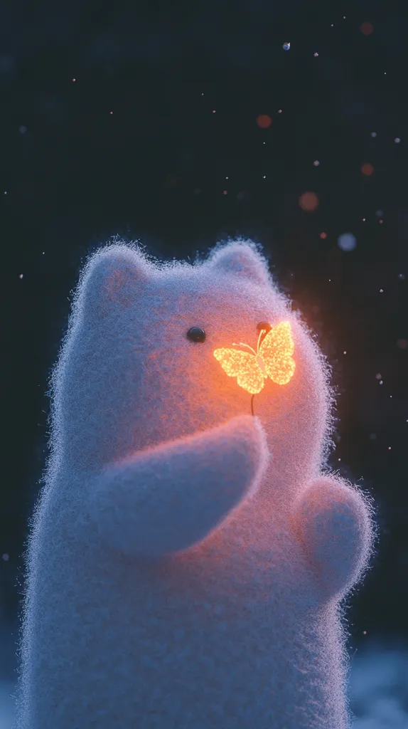 A fluffy, white polar bear-like creature stands in a snowy scene, gently holding a luminous, orange butterfly.  The background is dark, with falling snow and a few faint lights.  The scene evokes a sense of calm and wonder, with the glowing butterfly adding a magical touch. The overall style is digitally rendered and dreamlike.