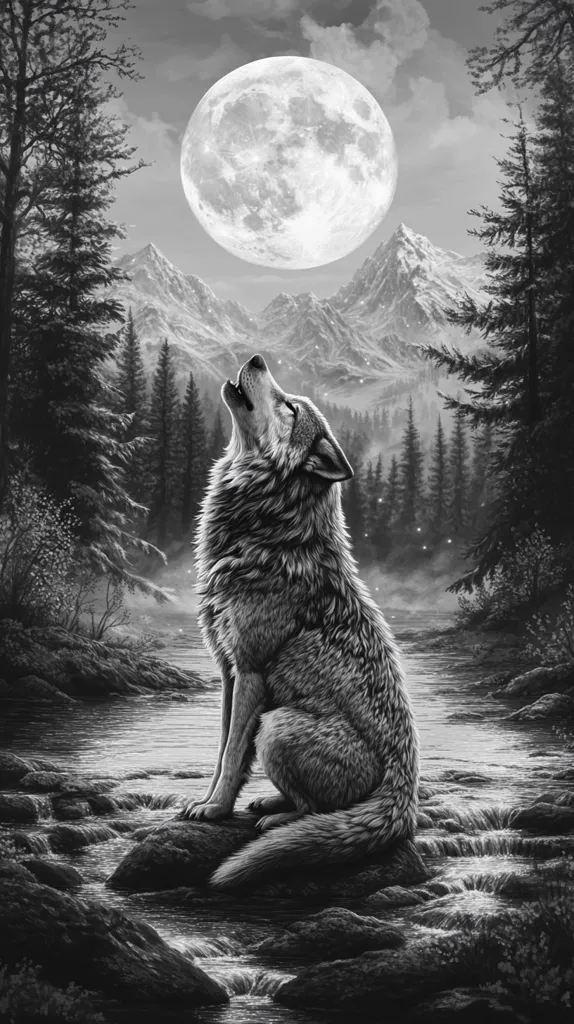A grayscale illustration depicts a wolf howling at a large, bright moon.  The wolf sits on rocks beside a tranquil stream, its fur detailed and textured.  A snow-capped mountain range forms a dramatic backdrop, with dark evergreen trees surrounding the serene scene. The overall mood is peaceful and evocative of the wild.