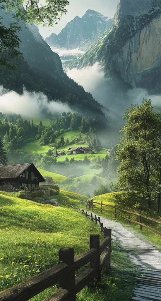 A wooden fence lines a path winding through a verdant valley nestled between majestic mountains.  A quaint wooden cabin sits in the foreground, overlooking a picturesque village partially obscured by mist.  Towering peaks rise in the background, their summits partially shrouded in clouds, creating a breathtaking alpine scene.  The atmosphere is serene and idyllic.