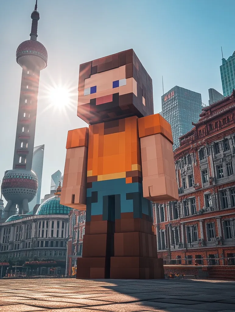 A giant Minecraft character stands in a city square, bathed in sunlight.  The pixelated figure, wearing an orange shirt and blue pants, dwarfs the surrounding buildings, including the iconic Oriental Pearl Tower in Shanghai. The contrast between the blocky game character and the realistic architecture creates a surreal and visually striking scene.  The image suggests a blending of the digital and real worlds.