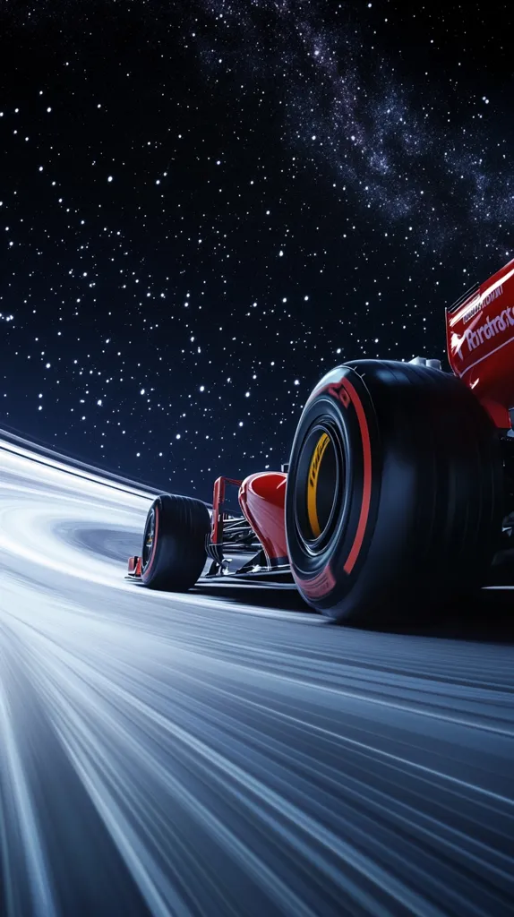 A red Formula 1 race car speeds across a futuristic track against a backdrop of a star-filled night sky.  The car is in motion, creating streaks of light on the track's surface. The scene is dramatic and evokes a sense of speed and limitless possibilities, with the vastness of space contrasting the sleekness of the vehicle.  The car's sponsors are partially visible.