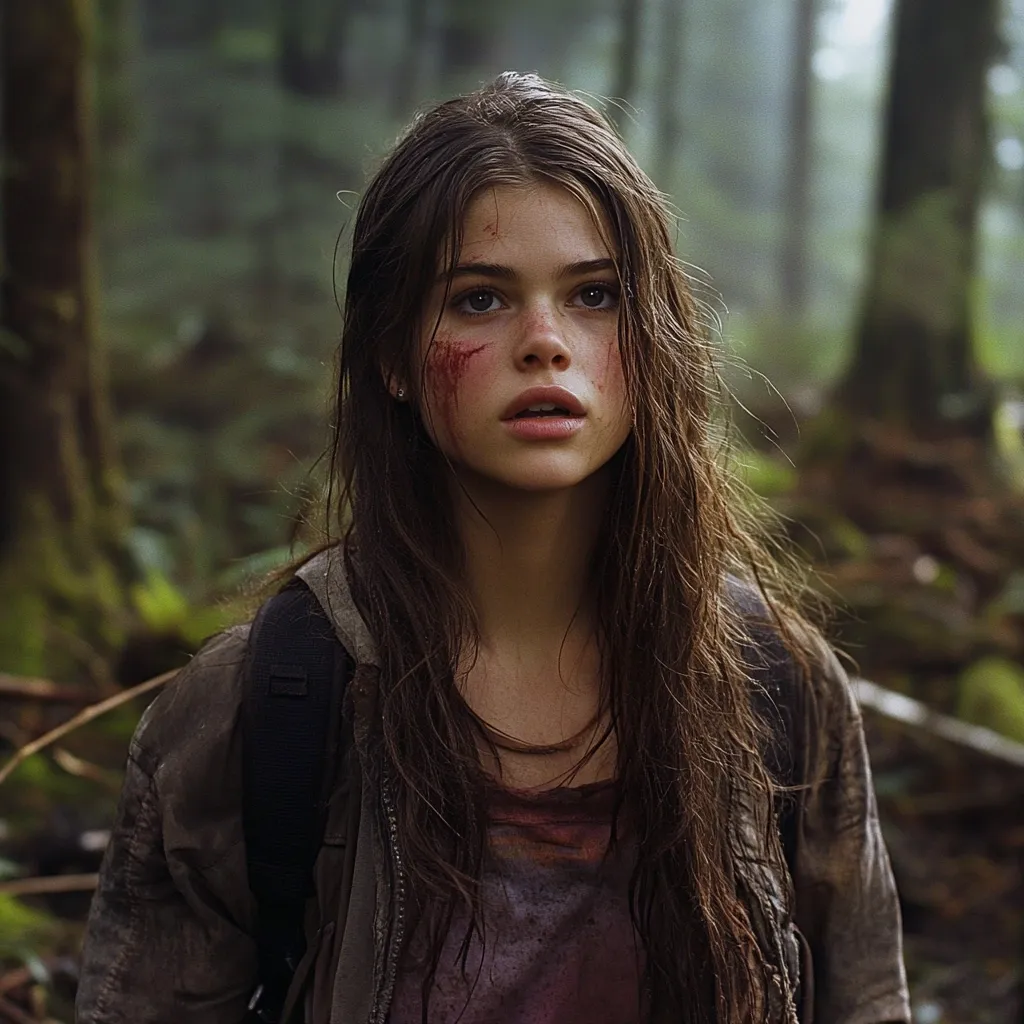 A young woman with long, wet brown hair stands in a dark forest.  She wears a muddy, grey jacket and has visible cuts and blood on her face. Her expression is one of shock or fear, her mouth slightly open. The overall atmosphere is somber and suggests a survival or post-apocalyptic setting.  The background is blurred, focusing attention on the woman's distressed appearance.