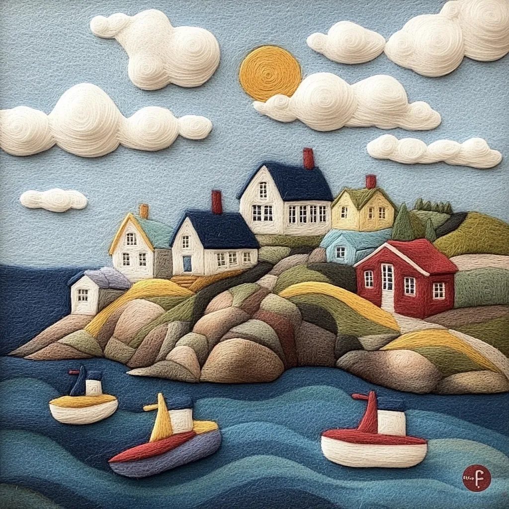 A charming coastal village scene, meticulously crafted with yarn.  Small, colorful houses cluster on a rocky outcrop under a sunny sky dotted with fluffy clouds.  Two tiny boats bob gently on the textured blue water, adding to the idyllic, whimsical atmosphere. The artwork's textured style gives it a three-dimensional feel, like a miniature world.