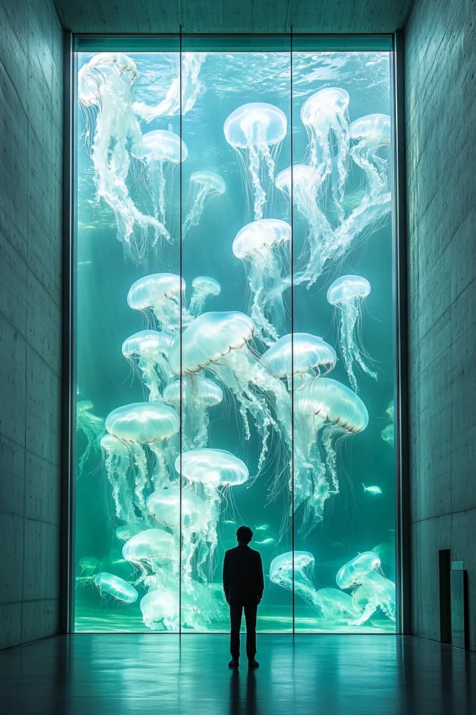 A person stands silhouetted before a large aquarium showcasing numerous jellyfish.  The jellyfish, translucent and ethereal, drift gracefully in a vibrant teal underwater environment. The minimalist architecture of the room, with its concrete walls and expansive glass window, emphasizes the beauty and serenity of the aquatic display.  The scene evokes a sense of calm and wonder.