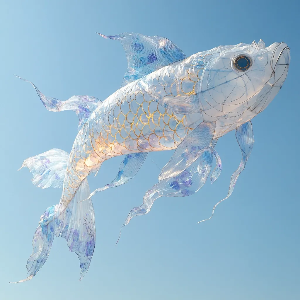 A large, translucent fish sculpture floats against a clear blue sky.  Its body is crafted from a delicate, almost ethereal material, possibly plastic or fabric, with gold detailing outlining scales.  Long, flowing fins extend from its body, giving it a graceful, almost ethereal quality.  The light catches the sculpture, highlighting its intricate design and delicate features.  The overall impression is one of beauty and tranquility.