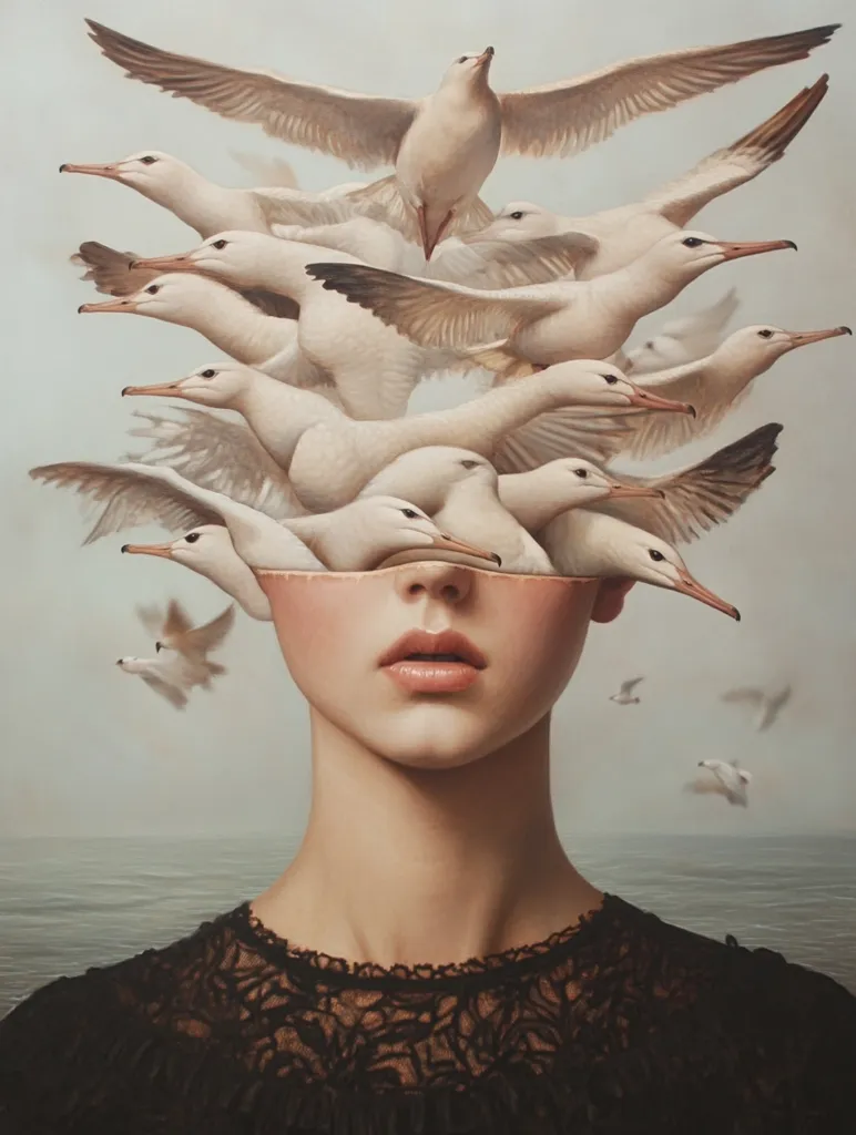 A surreal artwork depicts a woman's face bisected, replaced with a flock of pale seagulls in flight.  The birds appear to seamlessly merge with the woman's features. The woman, with serene expression, wears a dark lace top. A tranquil sea forms the backdrop, enhancing the dreamlike quality of the piece.  The overall impression is one of ethereal beauty and the interconnectedness of nature and humanity.
