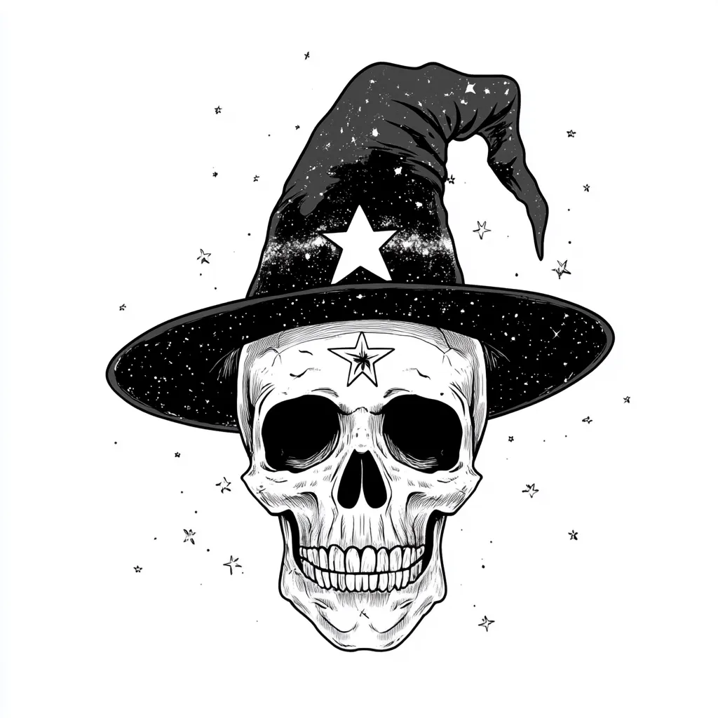 A detailed black and white illustration depicts a human skull wearing a pointed witch's hat adorned with stars. The hat's brim is wide, and the skull's features are intricately rendered, showcasing a detailed bone structure.  Small stars are scattered around the skull, adding to the mystical and slightly spooky aesthetic. The style is reminiscent of gothic or fantasy art.