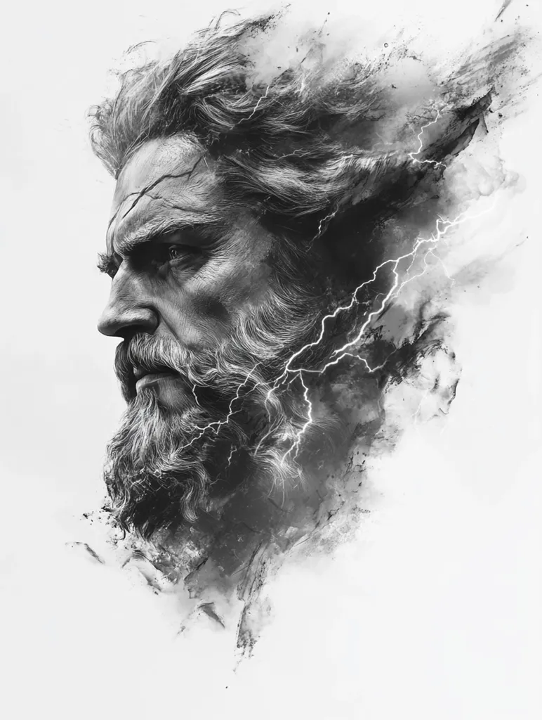 A monochromatic portrait of a weathered, older man with a long beard and windswept hair.  His face is etched with deep lines, suggesting a life of hardship.  The image is stylized with painterly brushstrokes and streaks of lightning, creating a dramatic and powerful effect, evoking a sense of strength and age. The overall mood is one of gravitas and intensity.