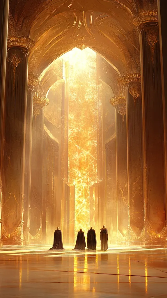 Three cloaked figures stand in a grand, golden hall, their backs to the viewer.  The hall's architecture is ornate and imposing, with tall columns and a high, arched ceiling.  At the far end, a radiant, fiery pillar of light illuminates the scene, casting a warm, golden glow throughout the space.  The polished floor reflects the light, creating a sense of awe and majesty.