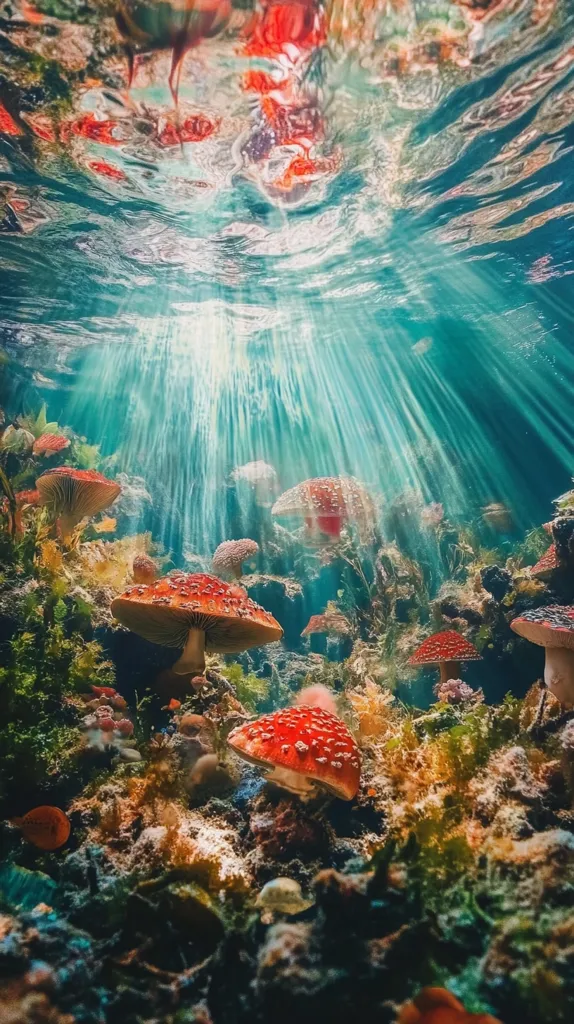 An underwater scene showcases vibrant red mushrooms thriving on a seabed teeming with diverse flora. Sunbeams pierce the water's surface, illuminating the enchanting underwater mushroom forest. The image evokes a whimsical, almost surreal atmosphere, with the mushrooms appearing luminous and otherworldly against the rich, textured backdrop.  The crystal-clear water enhances the vibrant colors and the overall magical feel.